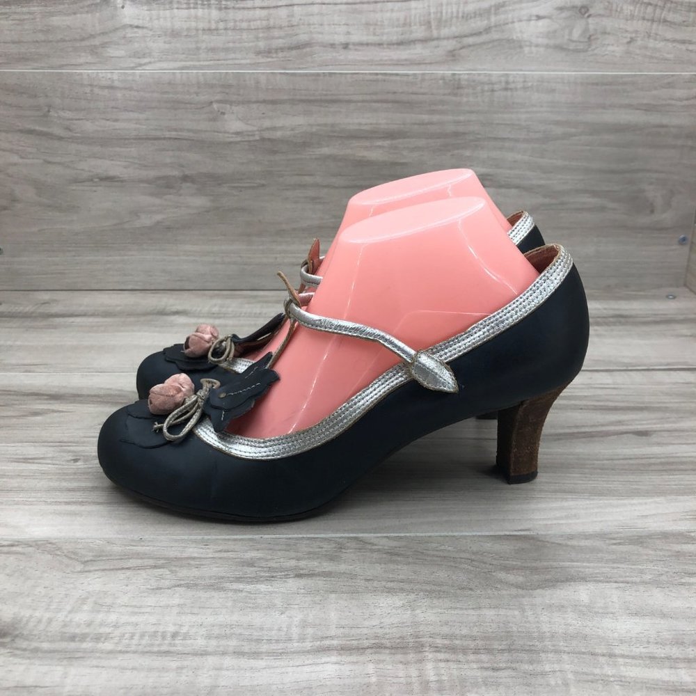Anthropologie Miss Albright Heels Women's 9 B Blue Leather Budding T Strap Slip - Picture 2 of 12